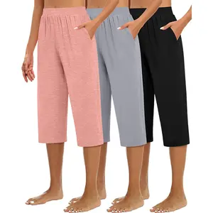 3 Pack Women's Capri Sweatpants, Cozy Wide Legs Cropped Capri with Pockets, Lounge Jogger Pants Workout Yoga Solid