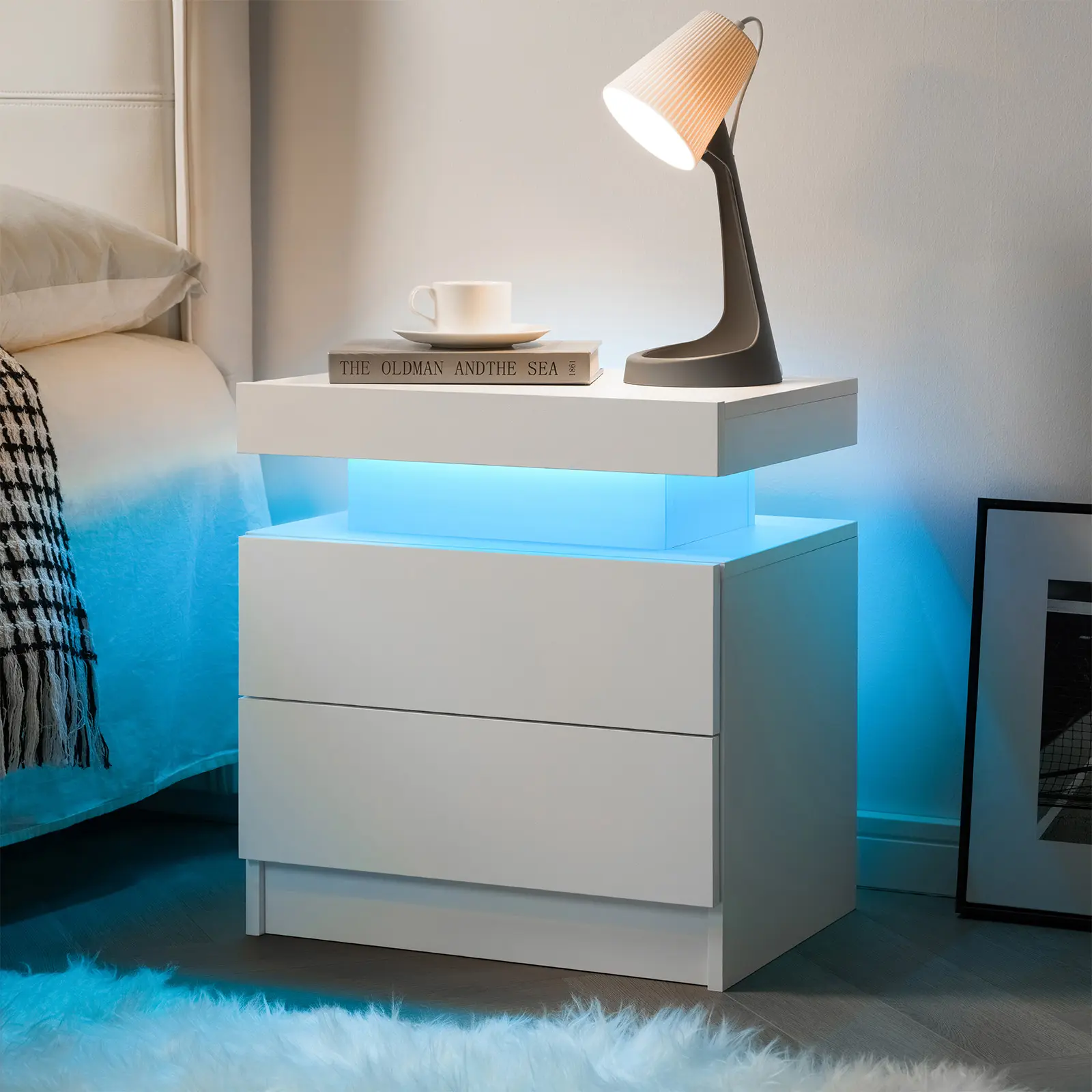 LED Nightstand with 2 Drawers, White Bedside Table Cabinet, Modern Beside Table for Bedroom Side Bed Table with LED Lights, 20.5" Tall