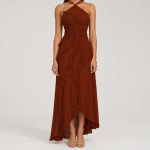 Women’s Ruffle Halter Dress, Sleeveless Solid Color Flowy A Line Midi Dress for Wedding Guest Party