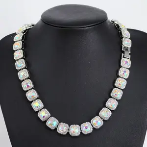 New Men's Square Glass 12mm Cuban Hand Necklace Rock Sugar Chain Hip Hop Trend Men