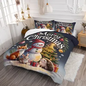 3pcs Christmas Forest Friends Quilt Set, Includes 1 Fitted Sheet and 2 Pillowcases, Soft Comfortable Bedding for All Seasons