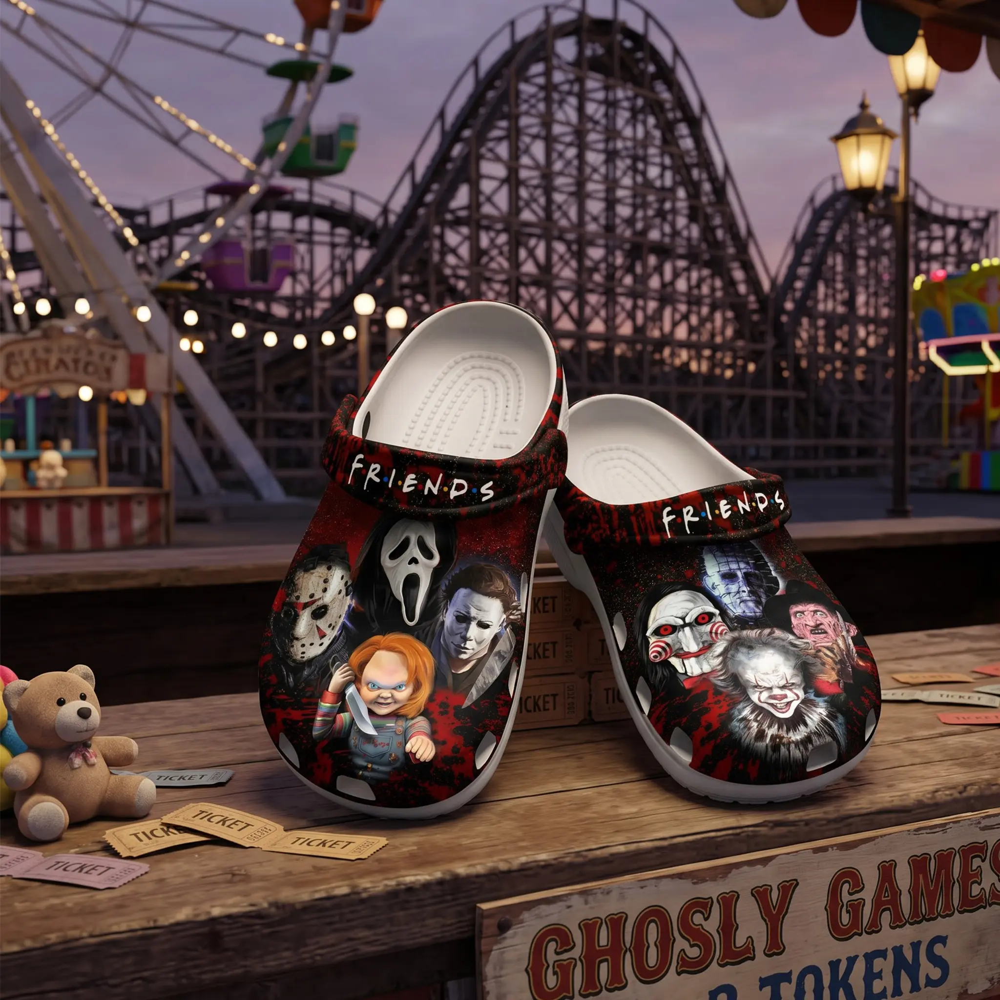 [No Box] Horror Friends Clogs | Halloween Horror Shoes | Scary Graphic Print Clogs | Unisex Lightweight Casual Shoes | Creepy Gift for Horror Fans