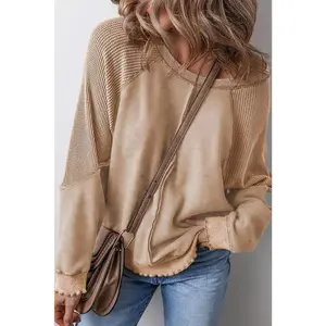 Light French Beige Solid Waffle Knit Patchwork Raglan Sleeve Sweatshirt sweaters  women christmas fall mama hoodie womenswear hoodie nothing  hoodie