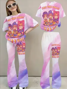Gradient 3D Cartoon Set, Sweet Girl Essential, Fashion, Short Sleeve Bell Bottom Pants, Street Style Two-Piece