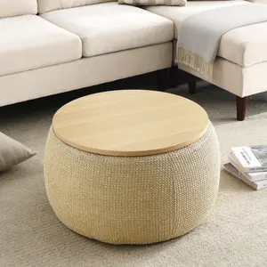 Durable and Multi-PurposeRound Storage Ottoman, 2 in 1 Function, Work as End table and Ottoman, Natural (25.5"x25.5"x14.5")