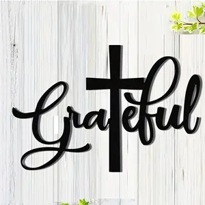 Cross & Letter Metal Wall Art, 1 Count Grateful Reusable Christian Home Decoration, Wall Decor for Living Room, Bedroom, Office, Religious, Stylish Religious Decor, Spiritual Wall Decor