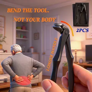 Curved Nail Clippers & Cuticle Nippers Set for Lower Back Comfort Seniors Unisex Easy Use Black Ultra Long Handle Large Opening Splash Guard