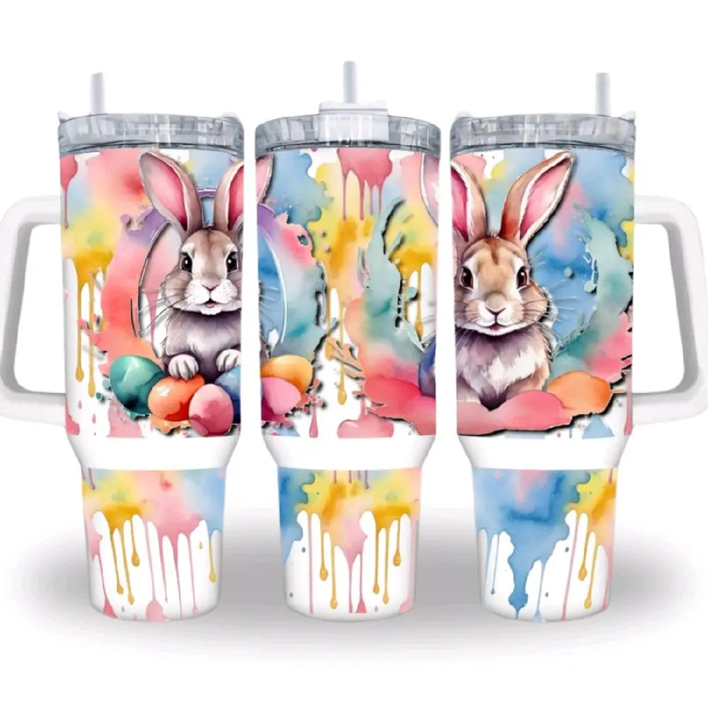 Easter Bunny 40oz Tumbler - Colorful Watercolor Design with Rabbit and Easter Eggs - Bottle, Drinkware Aesthetic Mug Flasks