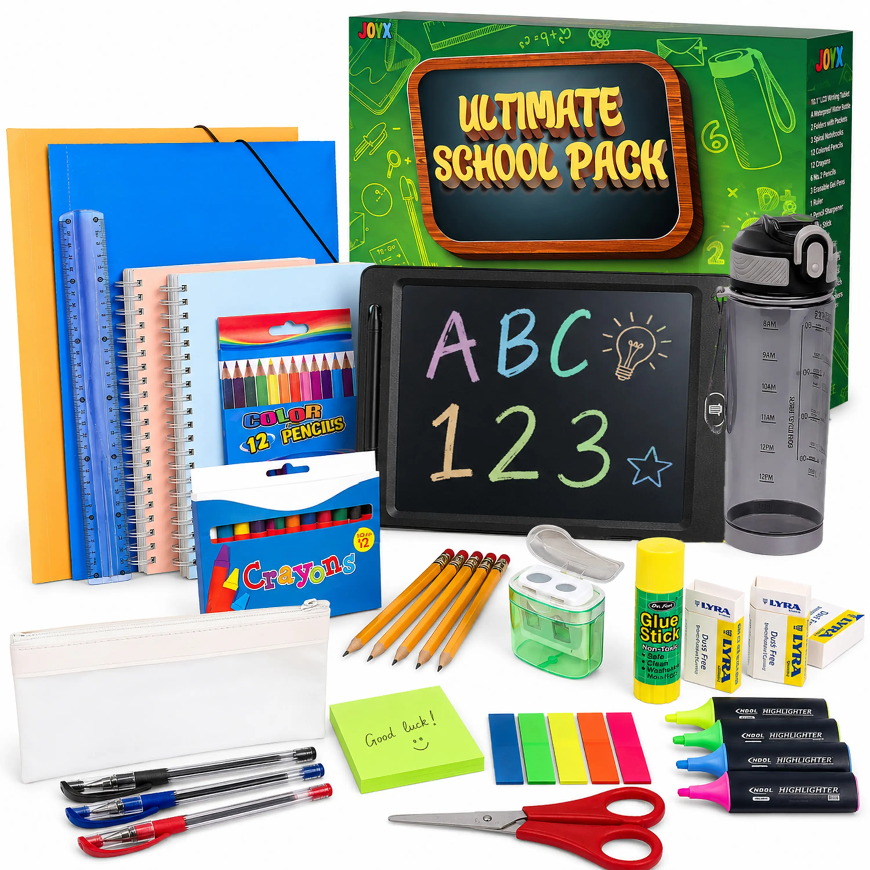JoyX Back to School Supplies Kit with LCD Writing Tablet, Notebook, Pencils, Crayons, Water Bottle and Classroom Essentials