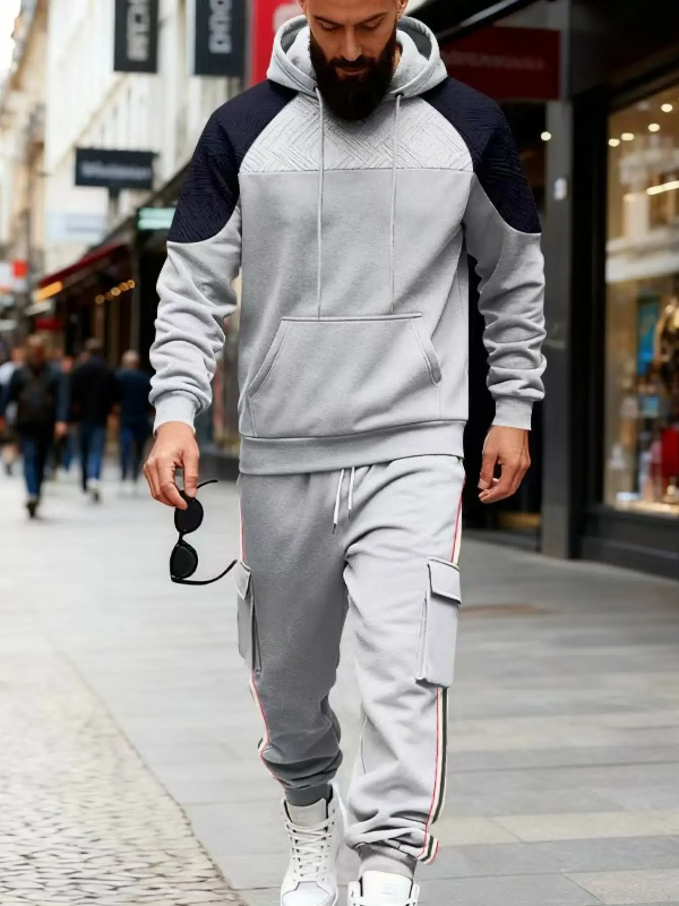 Men's fleece and thickened color-blocking 2-piece sportswear set, Sweat Suit, hooded long-sleeved sweatshirt with cargo pants, street trend outfit, multi-pocket design and color-blocking style, regular casual look for autumn and winter