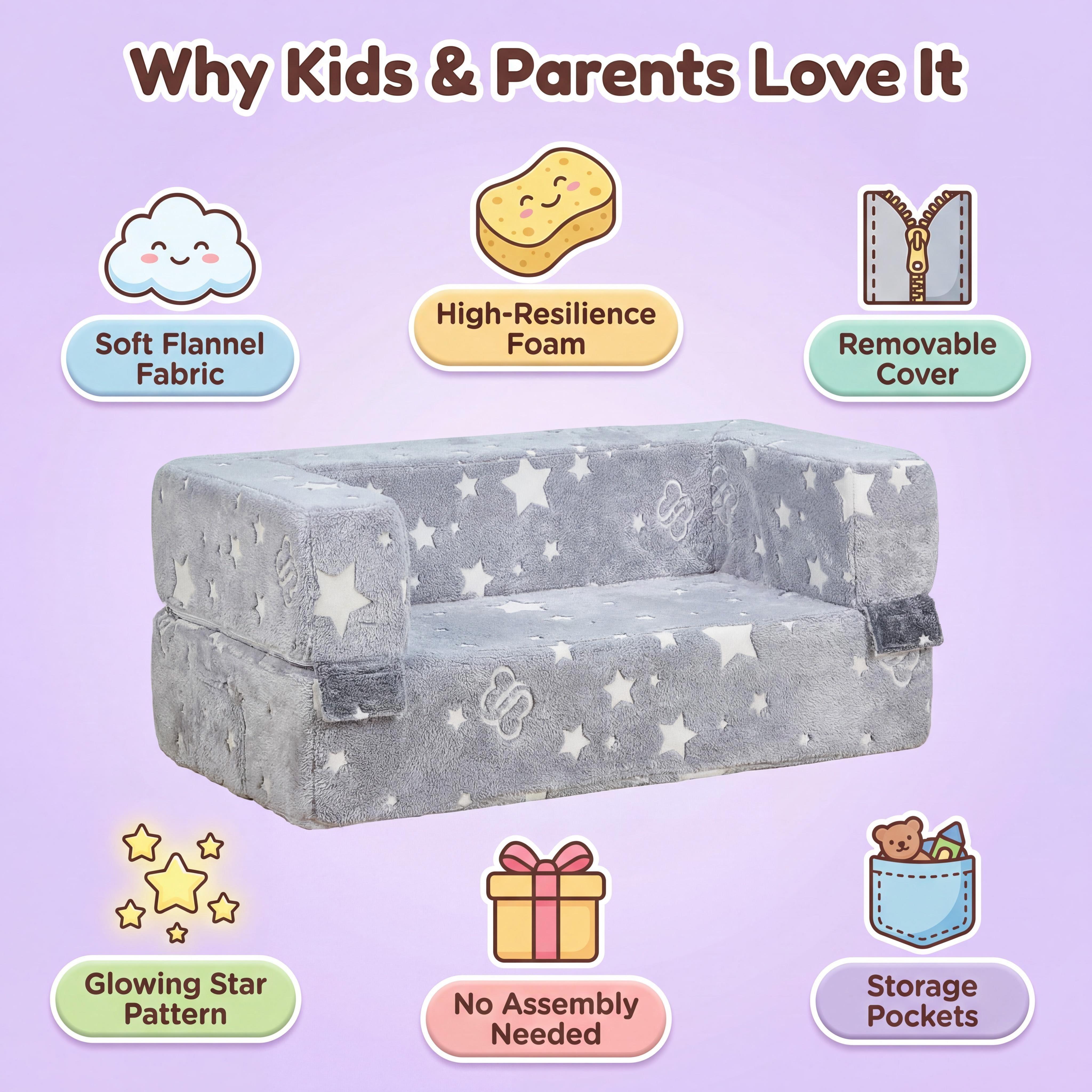3-in-1 Kids Play Couch for Toddler, Imaginative Dark Gray Star