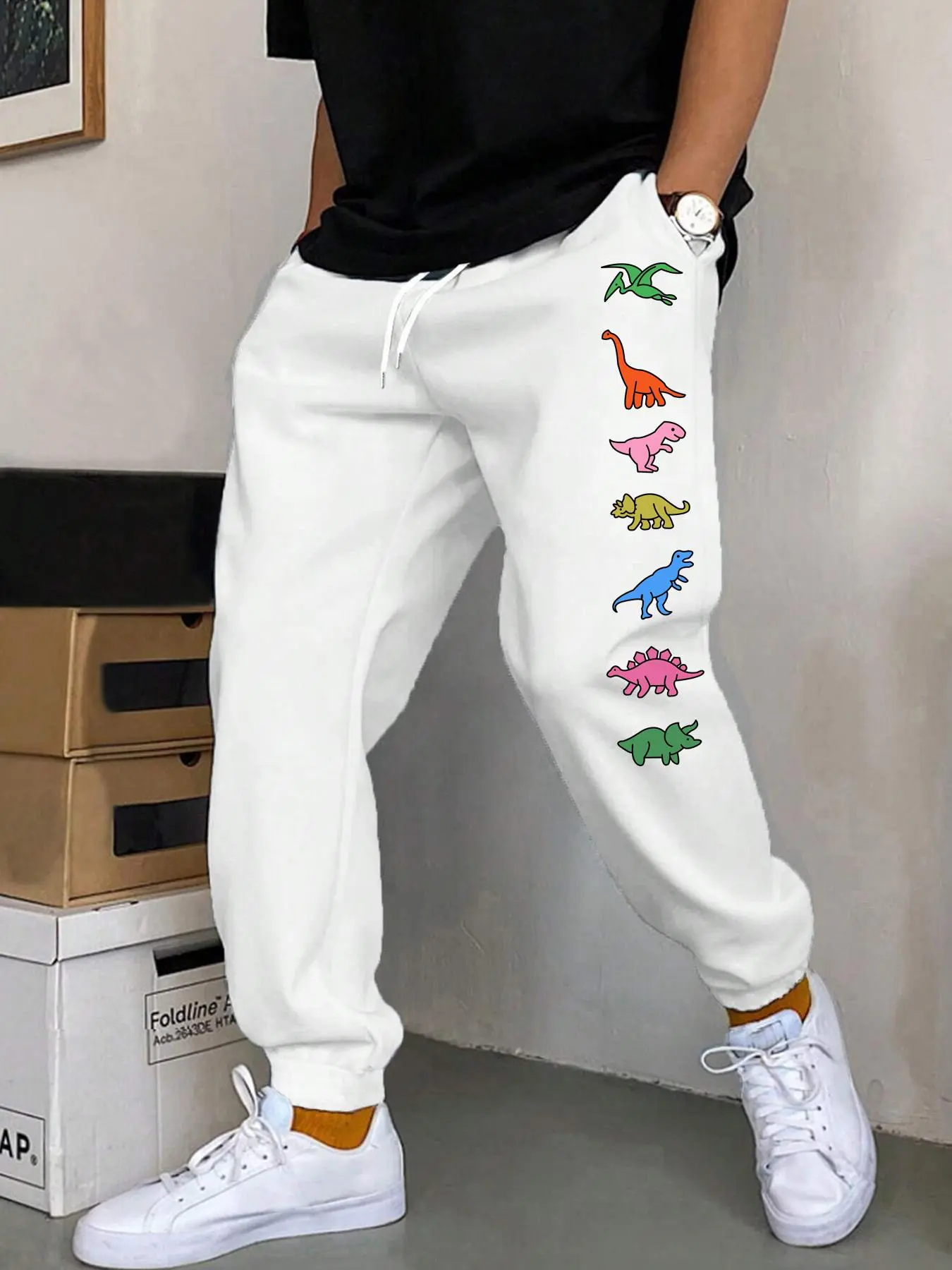 Men's Loose Fit Dinosaur Print Drawstring Waist Pants, Casual Fitted Long Joggers with Pockets, All Seasons Wear, Functional Pockets Bottoms