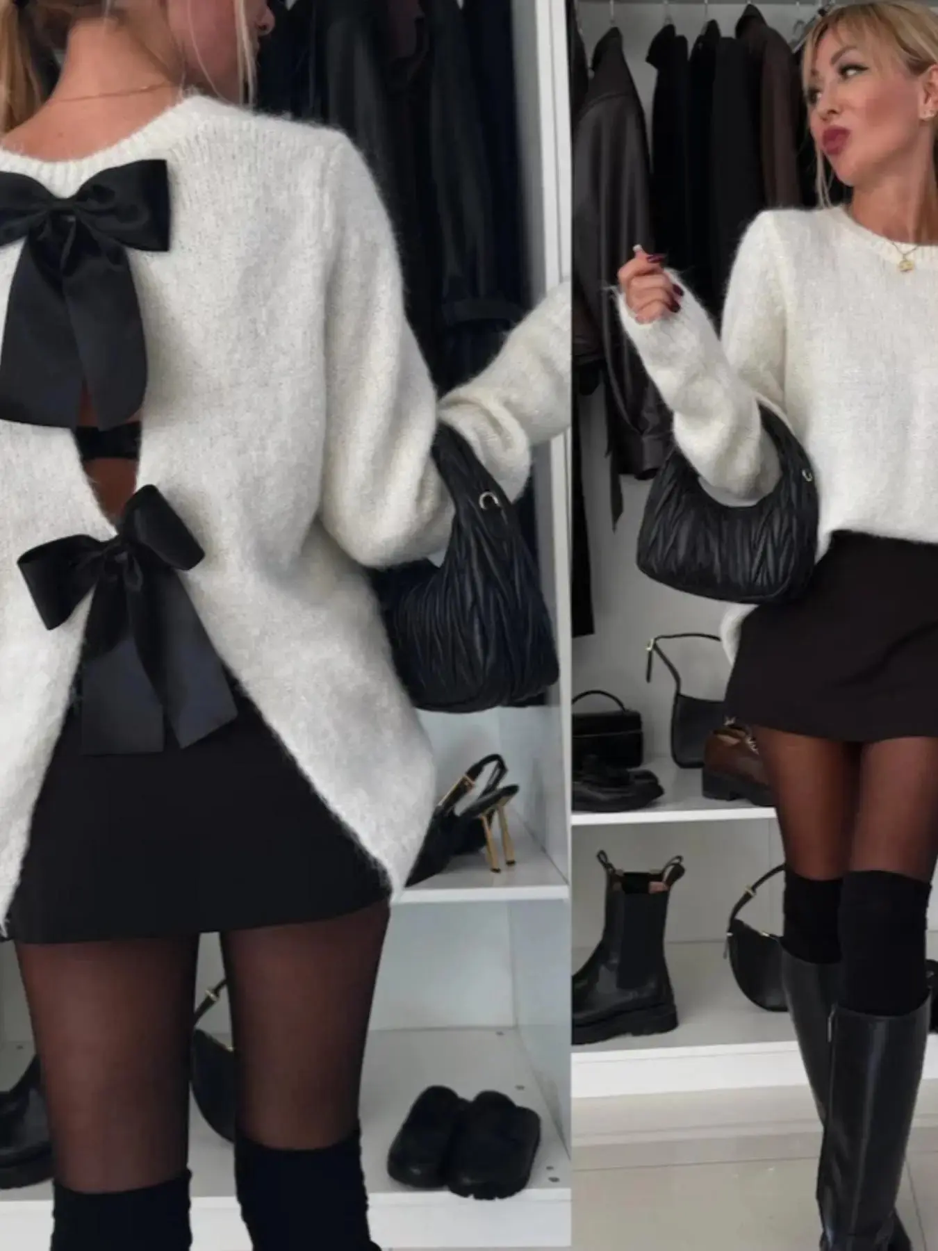 Women's Plain Minimalist Bow Back Detail Sweater Pullover, Cute Fuzzy Long Sleeve Jumper for Fall & Winter, Women's Knitwear for Daily Wear, Womenswear, Tops