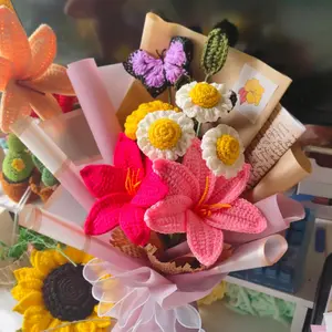 Handmade Crochet Mixed Flower Bouquet with Butterfly 15 Inch Pink Wrapped Daisies Lily & Rose Decorative Arrangement
