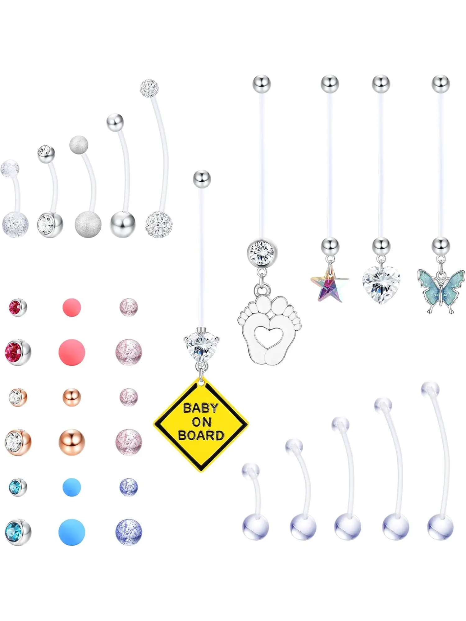 15PCS Plastic Pregnancy Belly Button Rings Long Bar for Maternity Sport Flexible Clear Acrylic Dangle Belly Rings with Different Length Bar and Balls for Replacement Belly Button Jewelry, Body Piercing Jewelry, Body Jewellery