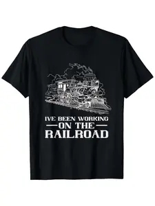 Men's Vintage Railroad Graphic T-Shirt - Heavyweight 100% Cotton Crew Neck Tee with Steam Locomotive Design - Retro Train Enthusiast Shirt for Everyday & Themed Events - All-Season Casual Wear (S