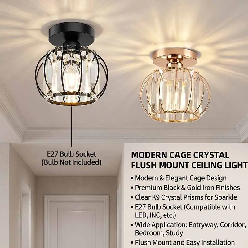 Crystal Ceiling Light E27 Socket, Luxury Metal Frame Design, / Options, Semi-Surface Mount, Ideal for Bedroom Corridor Kitchen, Home Ceiling Lighting