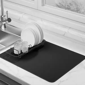 Dish Drying Mat for Kitchen Counter Super Absorbent Drainer Mats with Non-slip Rubber Backed Hide Stain Heat Resistant Easy to Clean Dish Rack Mat Black S-11"x14"