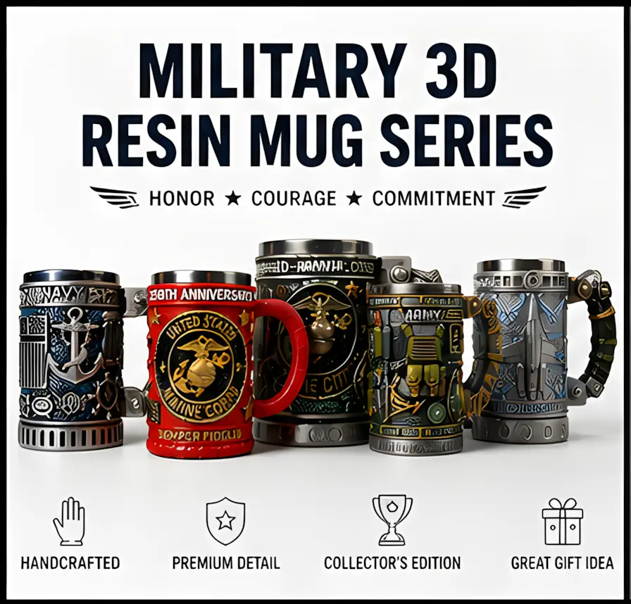 Military 3D Resin Mug with Stainless Steel Liner | Handcrafted Army Navy Marine Corps Air Force Coffee Beer Mug | 13-15oz Gift for Veterans & Military Enthusiasts