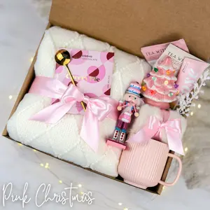 Cozy Pink Christmas Gift Box Holiday Self Care Gift Set Mug Blanket Candle Nutcracker Tea Cookies Sweet Winter Spa Box Cute Holiday Present for Her Friends Family Aesthetic Christmas Gift Idea Trending 2025 Pink Holiday Decor Warm Cozy Gift Box
