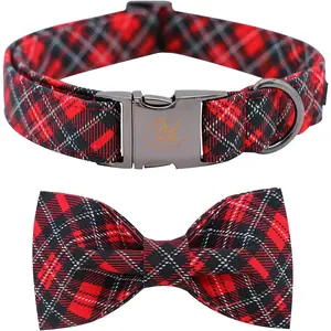Elegant Little Tail Christmas Dog Collar, Pet Collar Plaid Soft with Comfy Bowtie Dog Collar Holiday Adjustable Pet Gift Collars for Small Medium Large Dogs Elegant little tail