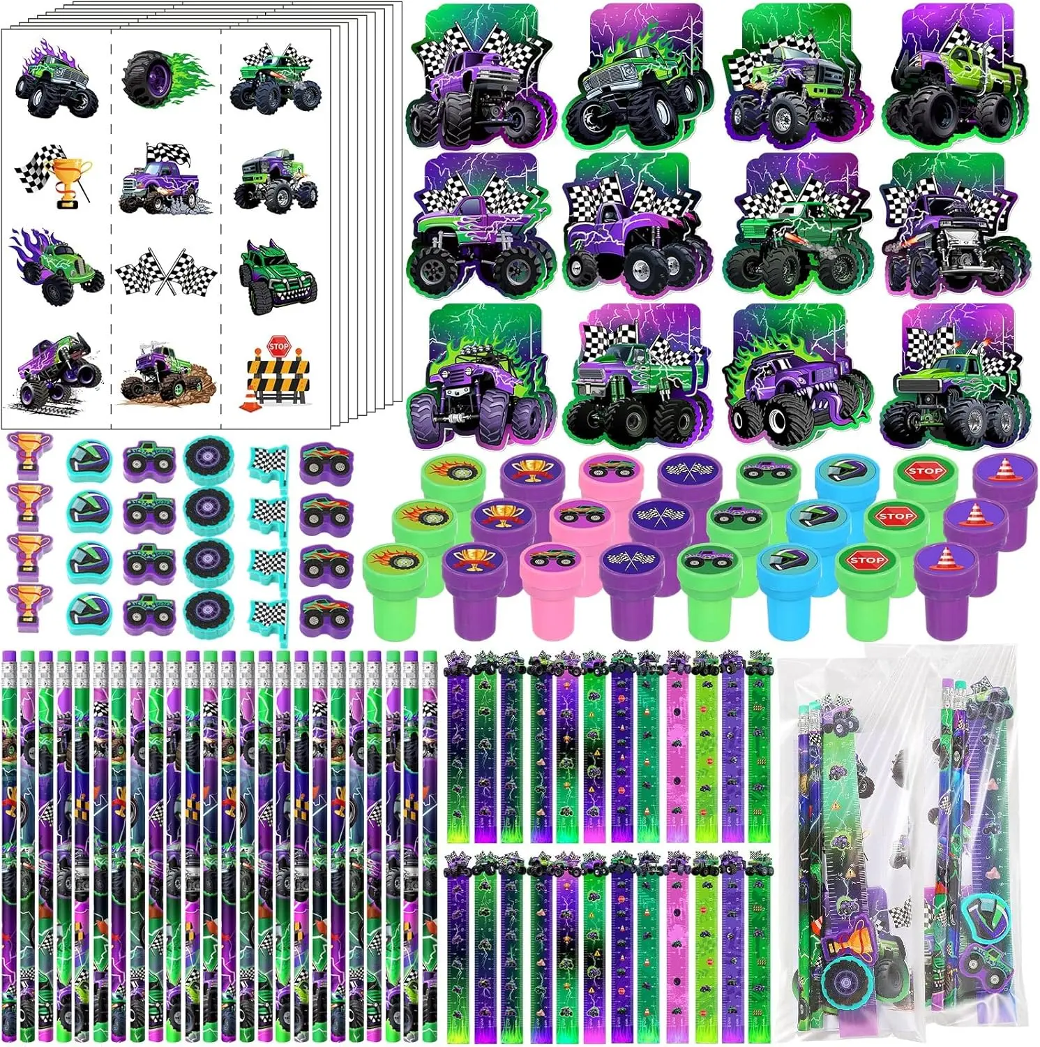 Halloween fall Gift 144 Pcs Monster Truck Party Favors Truck Party Supplies School Stationery Set Notebook Sticker Stamper Eraser Ruler Pencil Bag for Birthday Baby Shower Gifts Classroom Prize (Purple,Monster)