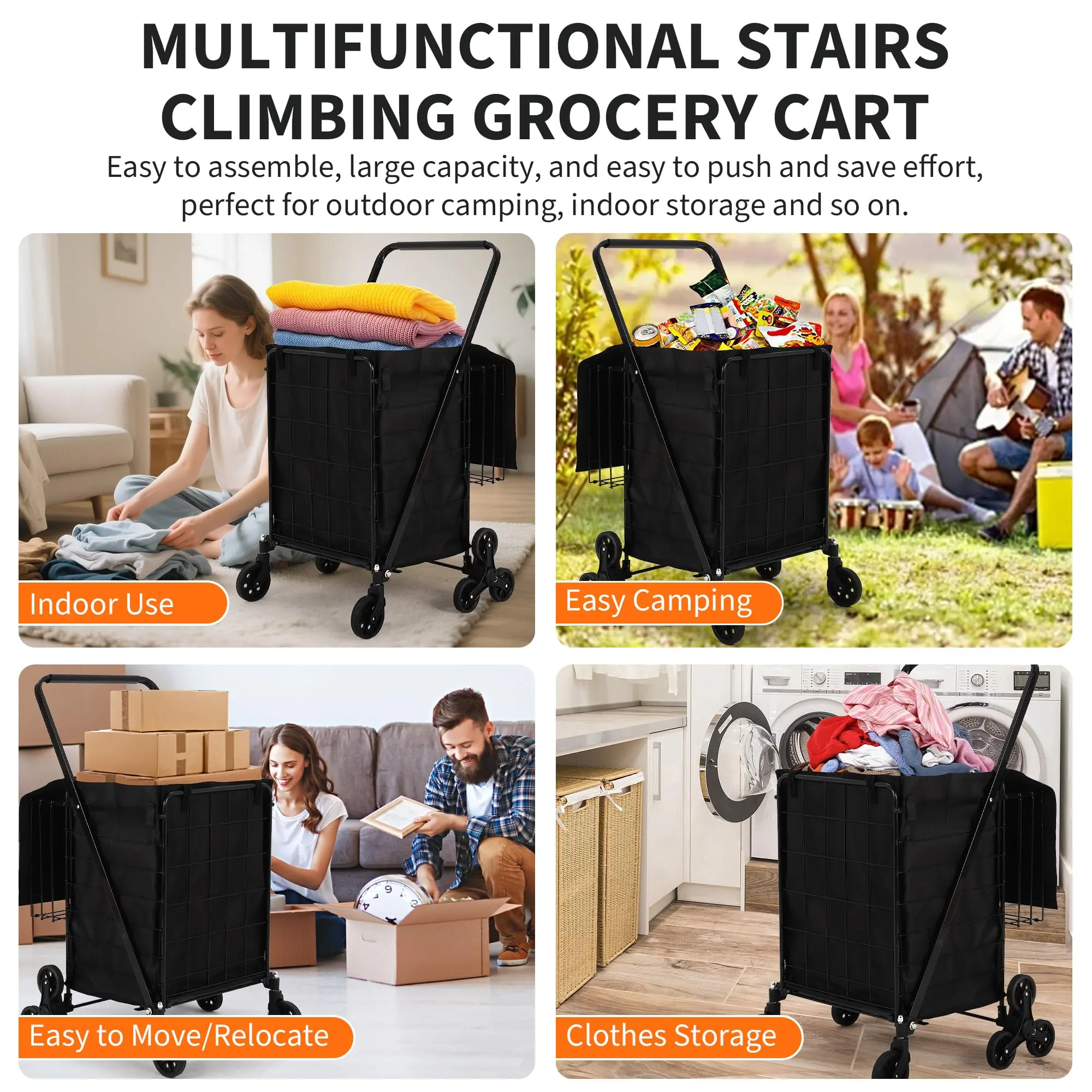 Gaomon Collapsible Outdoor Folding Trolley - PVC Liner, Rear Tri-Wheels, 360° Swivel Wheels, Preassembled All-Terrain Wagon, 200 lbs Capacity for Apartments Seniors Shopping Camping, Collapsible Wagon