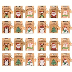 Merry Christmas Kraft Paper Gift Boxes, 12/24pcs Set with Santa & Tree Designs, DIY Tags Included, Ideal for Cookies, Chocolates, Party Favors