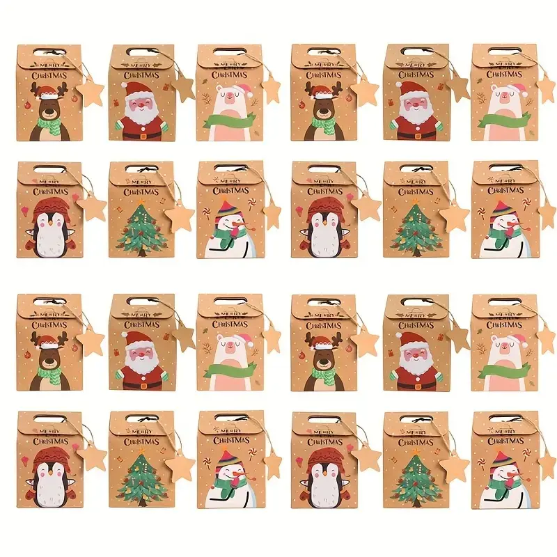Merry Christmas Kraft Paper Gift Boxes, 12/24pcs Set with Santa & Tree Designs, DIY Tags Included, Ideal for Cookies, Chocolates, Party Favors