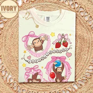 Coquette Bow Curious George Shirt, Stay Curious, Nostalgic Cartoon Tee, Travel & Learning Gift, Curious George Birthday Shirt 6TDWR