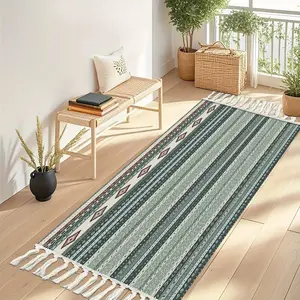 1pc Dark Green Bohemian Stripe Hallway Runner Rug, 100% Polyester Soft Floor Mat for Study Bedroom Living Room Entryway Corridor, Forest Geometric Pattern Easy to Clean, Vintage Ethnic Home Decor Gift