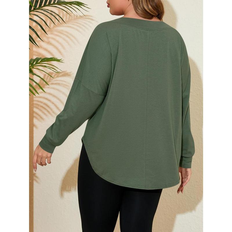 Goranbon Women's Plus Size Tops Off Shoulder Long Sleeve Loose T Shirts Casual Curved Hem Tunics Tee Shirt