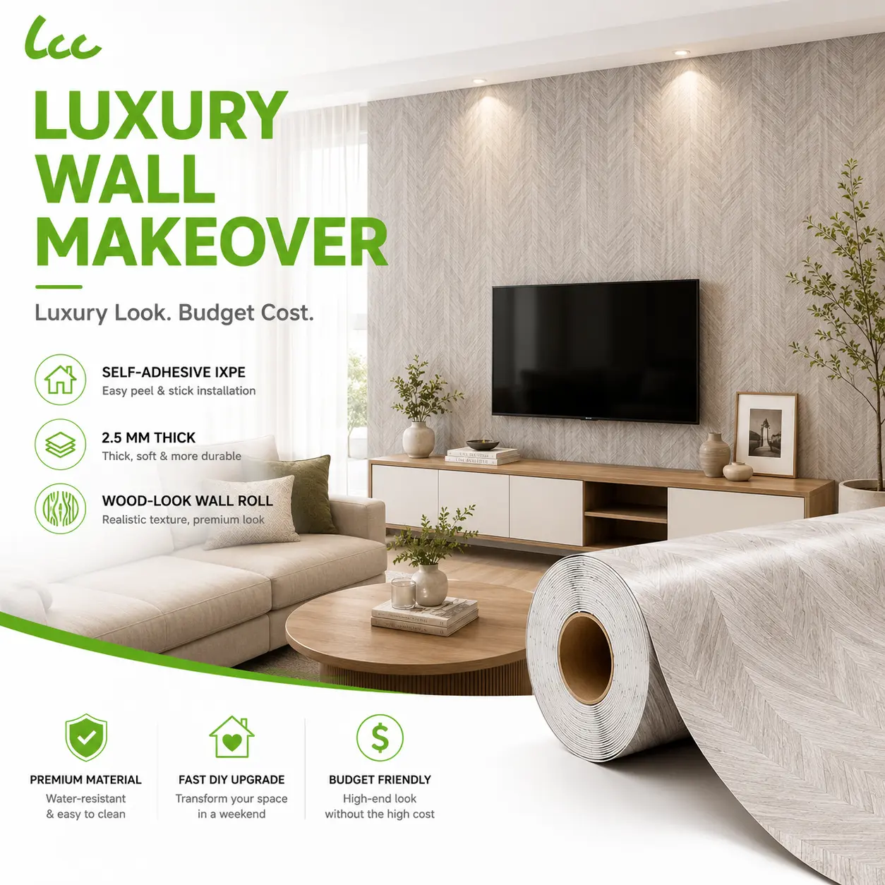 LCC Peel-Stick Herringbone Wood-Like Wallpaper Roll, Geometric Self-Adhesive Home Decor for Wall, Light Gray, 15.75"×118", 2.5mm Thick, 1 Roll for DIY Users