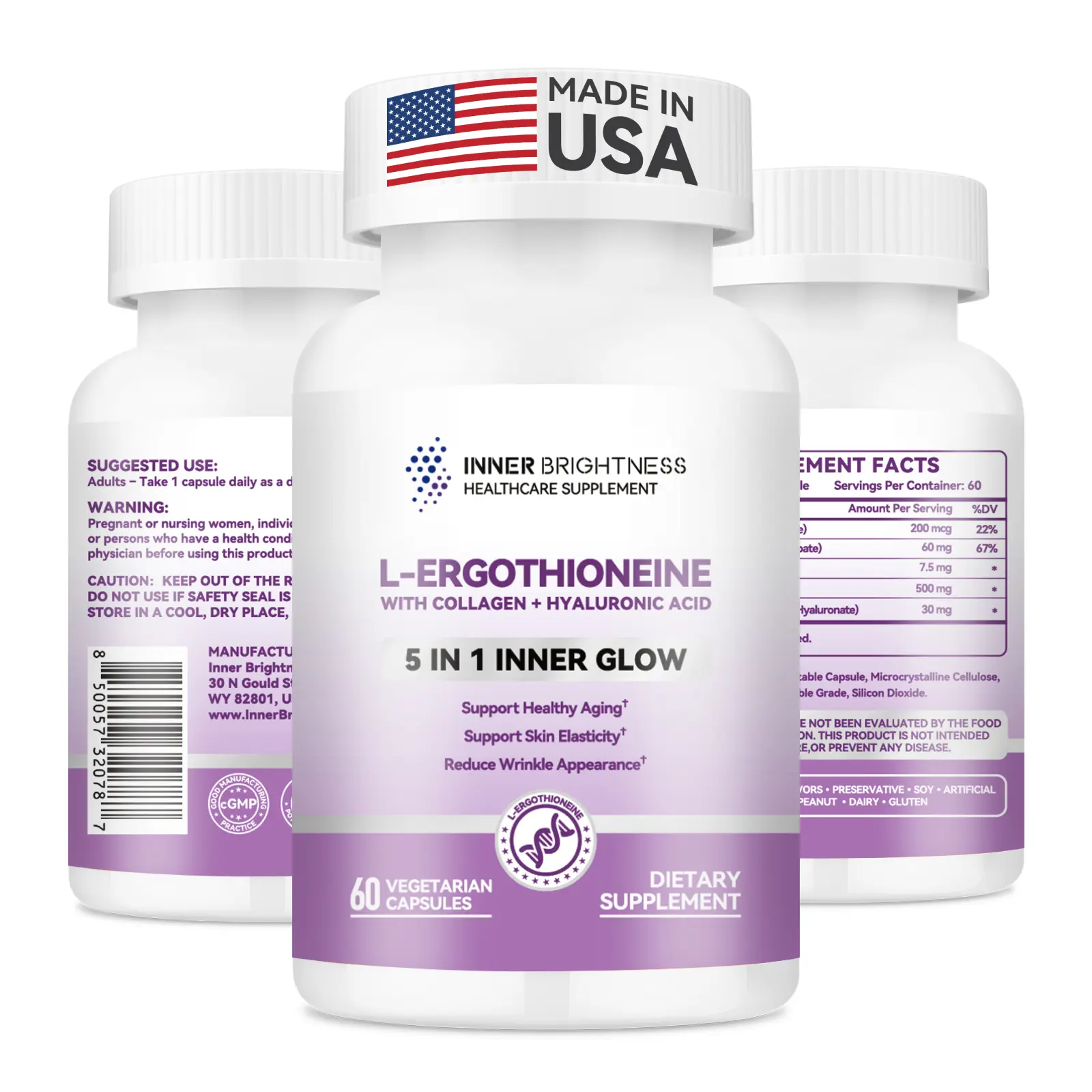 L Ergothioneine Supplements with Hyaluronic Acid & Collagen for Women, Non-GMO, Gluten Free, Vegan, for Longevity & Healthy Aging, 60 Capsules