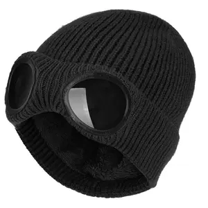Unisex Solid Color Goggle Lens Design Beanie Hat,Knitted Windproof Warm Winter Skull Cap,Fashion Accessories for Both Men & Women,Outdoor Sport Stretchy Hat,Christmas gift