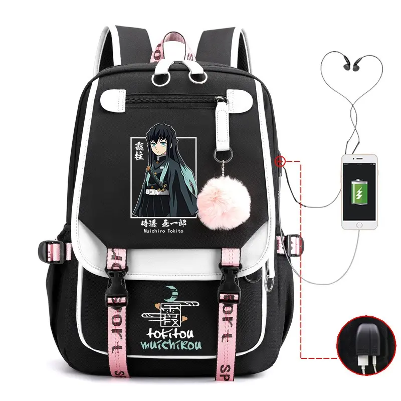Demon Slayer USB Laptop Backpack, Kimetsu no Yaiba Anime School Backpack, Large Capacity Student Bookbag, Ergonomic Travel Daypack with USB Charging Port for Boys Girls Teens, Back to School
