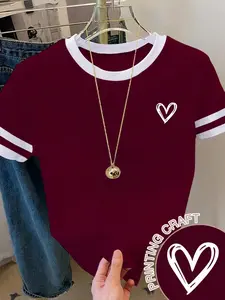 Women's Wine Heart Print T-Shirt, Striped Sleeve Design, Casual Fit, Perfect for Leisure Outings and Friend Gatherings