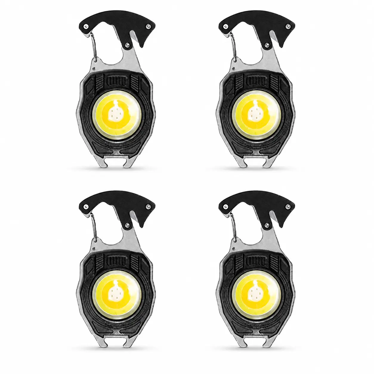 1/2/3/4 Pack Black 8-in-1 Survival Key Torch, USB-C Rechargeable Magnetic COB LED Work Light with Carabiner Clip, Multi-Function Emergency Tool Featuring Lighter, Cutter, Screwdriver, Whistle & Bottle Opener, Ideal for Camping Outdoor Daily Carry