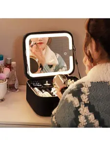 1pcs-Travel Makeup Bag With Mirror Cosmetic Storage Box Travel Portable Makeup Bag Case With LED Light Mirror Makeup Accessories For Travel Storage Bag,Makeup Bag,Cosmetic Bag,Vacation Organizer, Makeup Organizer Makeup Case, Travel Cosmetic Bags