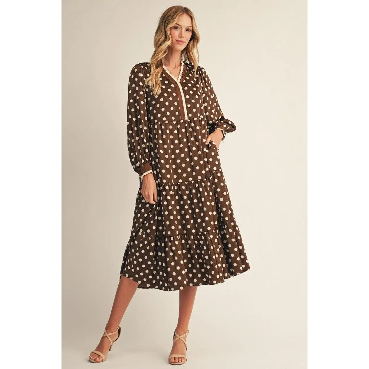 Mocha Moments Polka Dot Midi Dress By Jodifl