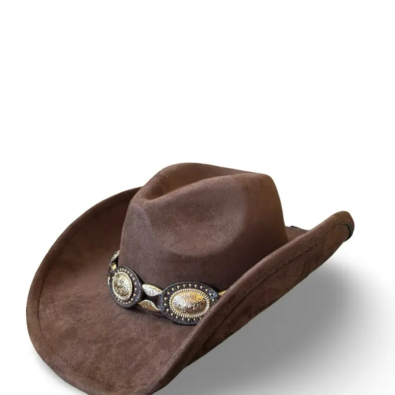 Western Rodeo Festival & Country Concert Style Cowboy Hat - Suede Leather Pinch Front with Concho Link Band for Music Festivals & Concerts