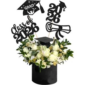 12 PCS Class of 2026 Centerpiece Stick 2026 Congrats Grad Cake Toppers Diploma Graduation Cap 2026 Table Flower Centerpiece Sticks for 2026 Graduation Theme Party Decorations Supplies Black