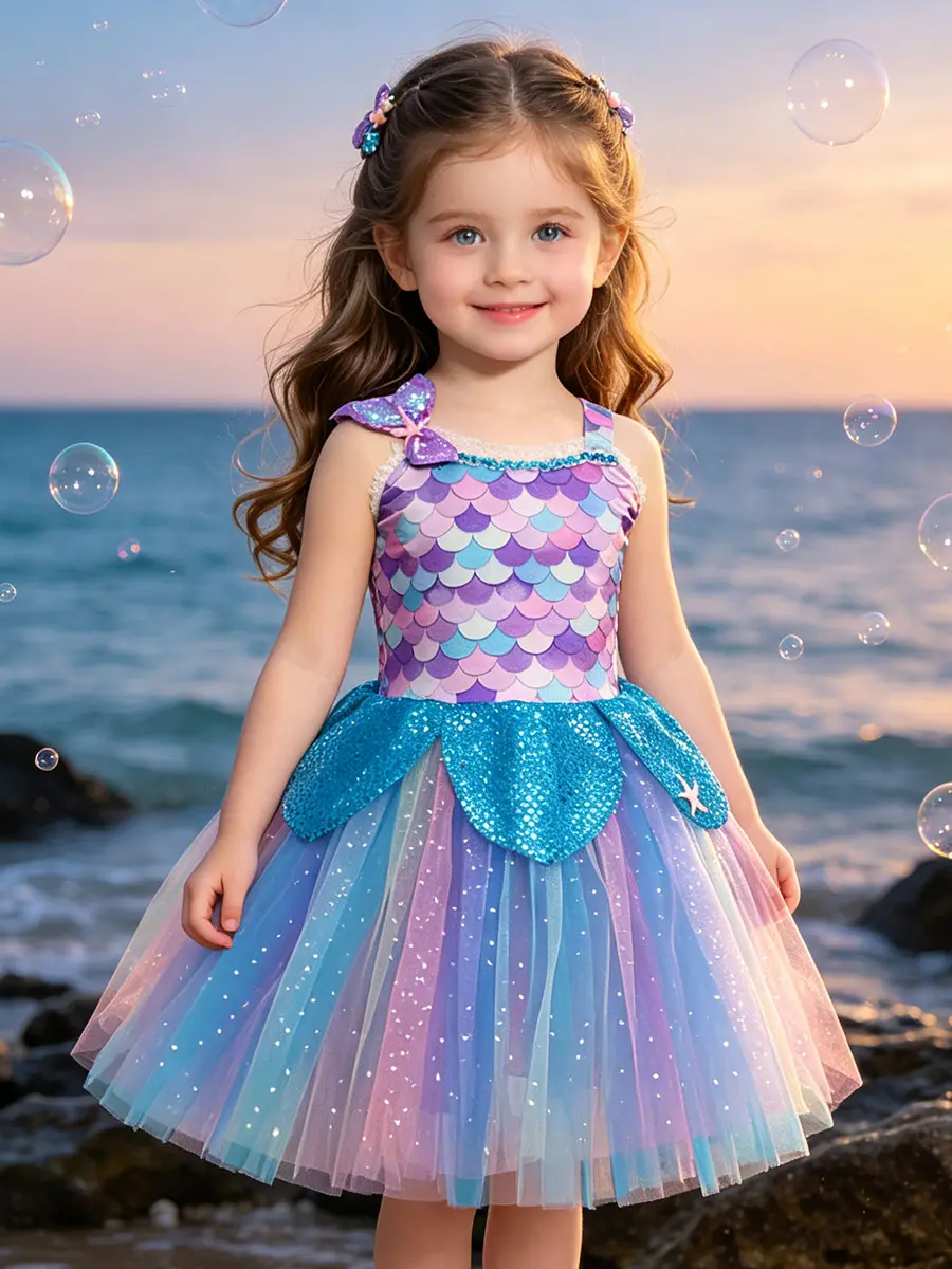 Girls Colorful Scale Print Spaghetti Strap Tutu Dress, Bow Shoulder & Sequin Fish Waist with Starfish Decor, Gradient Glitter Tulle Skirt for Ocean Theme Party & Birthday