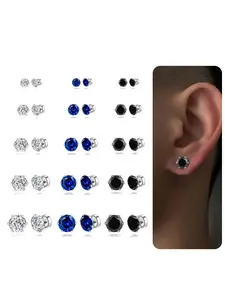 15 Pairs Magnetic Stud Earrings Cubic Zirconia Non-Piercing Earrings Set Clip on Fake Earring Jewelry for Women Men 4-5-6-7-8MM White Black Blue Red Color Stainless Steel Earrings