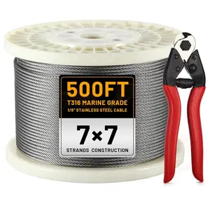 500FT 1/8" Stainless Steel Wire Rope with , T316  for Deck Railing Kit, 1850 lb Breaking Strength, 7x7 Strands Aircraft  for Stair Fence,