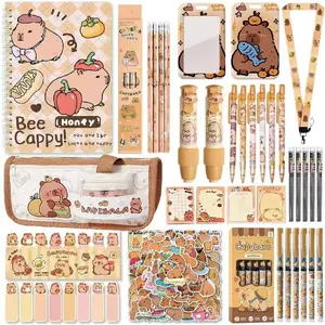 30 count Capybara School Supplies set,Cute School Supplies ballpoint pens notebooks, pencil cse, sticky notes ,mechanical pencil,pencil,ID badge holder with lanyard,erasers,bookmarks