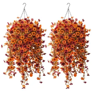 2 Set Artificial Fall Flowers with Hanging Baskets Faux Silk Flower in Planter with 28 Pcs Fake Plants Plastic Faux Mums Autumn Plants for Home Outside Porch Garden Yard Patio Decor