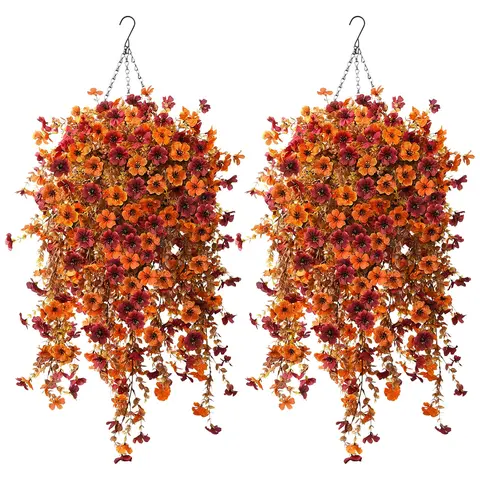 14 Inches Lifelike Fall Artificial Hanging Flower Baskets - UV-Resistant Plastic-Metal Arrangement with Daisies, Pansies, Morning Glories, Ferns - No-Maintenance Porch, Patio Decor for Fall & Halloween - Home Accessory (Multiple Sets Available)