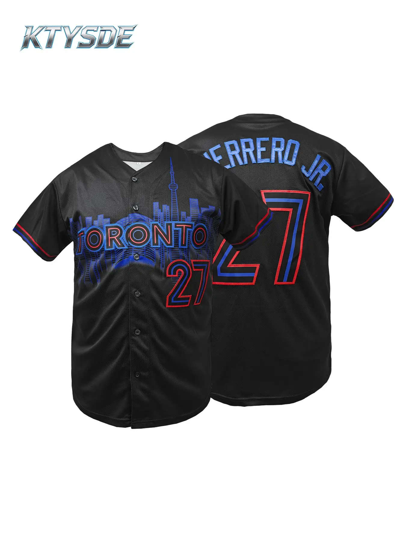 KTYSDE Men's Baseball Jersey #27 Guerrero Jr Toronto City Skyline Embroidered Button Down Short Sleeve Casual Sports Fan Shirt Sports Top