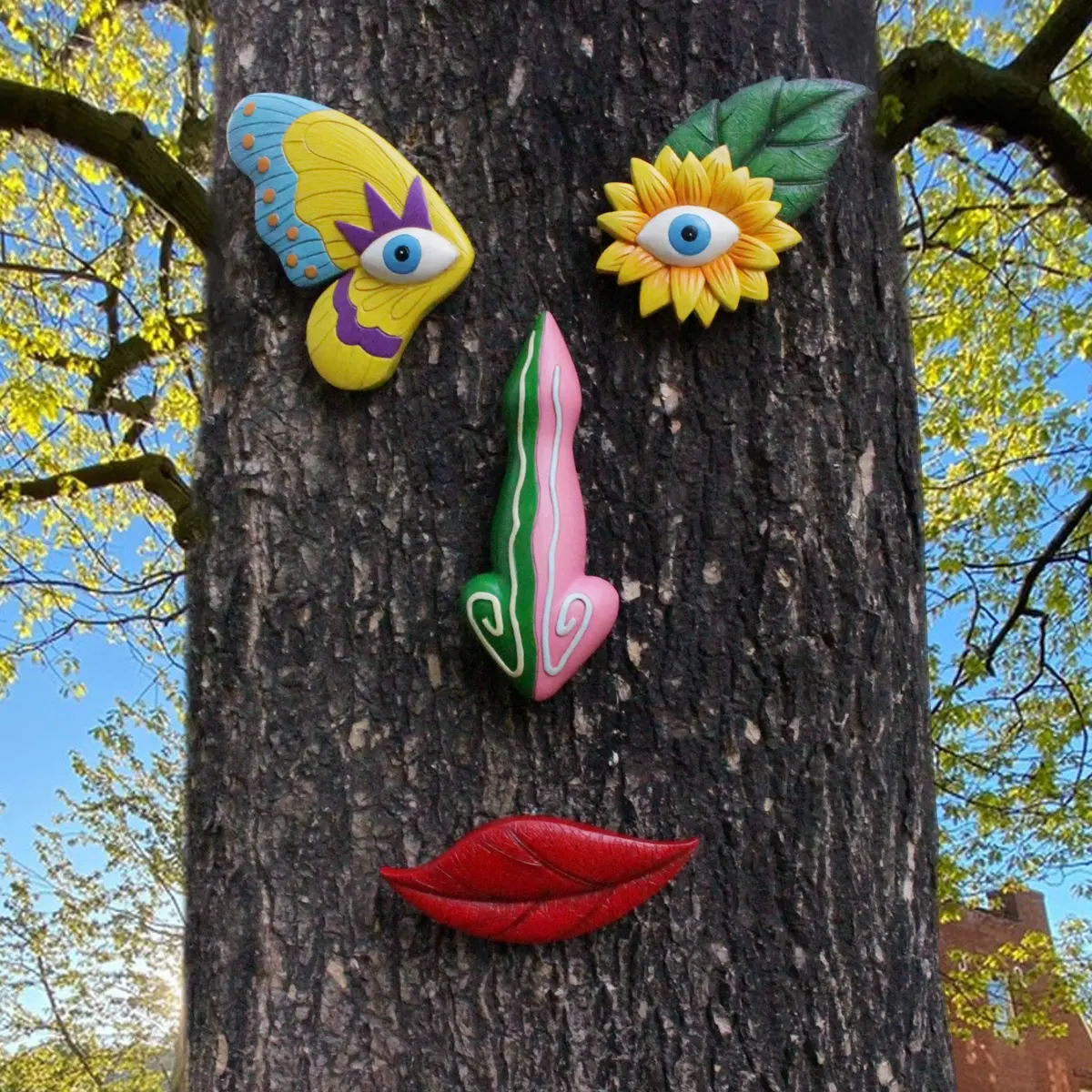 Vibrant Butterfly Face Art Set, 4-Piece Outdoor Spring Garden Decor, Colorful Tree Hanging Ornaments, Creative Yard Home Decoration, Garden Sculptures Statues, Exterior Decorative Statues, Garden Accessories